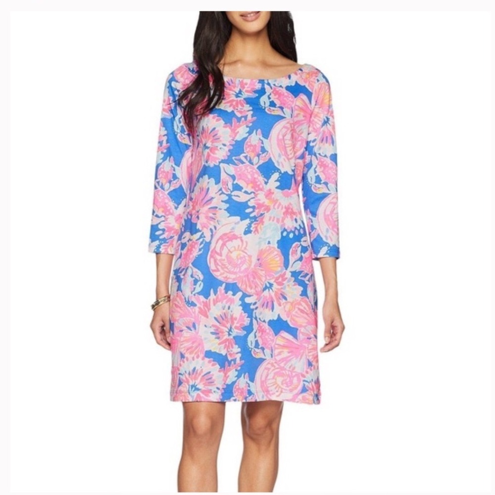 Lilly Pulitzer Noelle Dress Pima‎ Cotton Blue Pink Shell Floral Bow Back Small